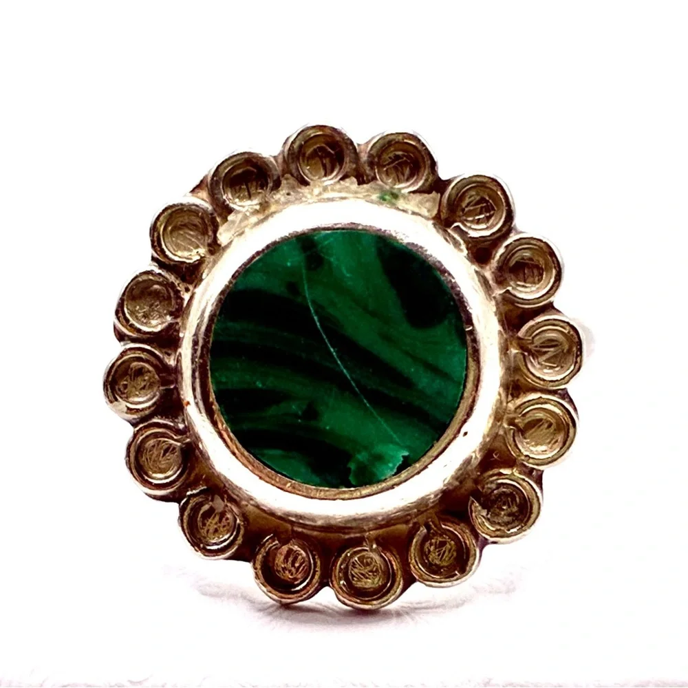 Vintage SIGNED MEXICO Malachite Ring with Sterling Silver Flower Backdrop